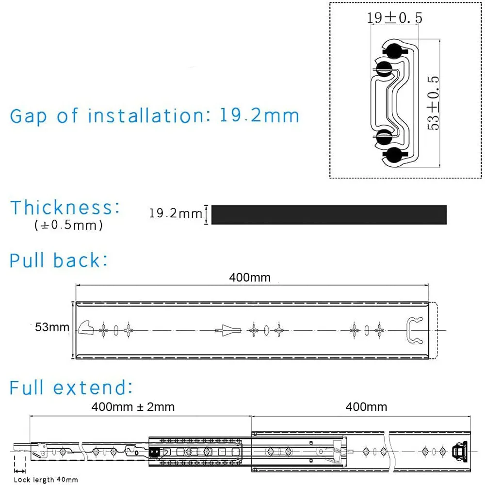 16in Pair 150KG Heavy Duty Drawer Slides Rails Runners Locking Ball Bearing