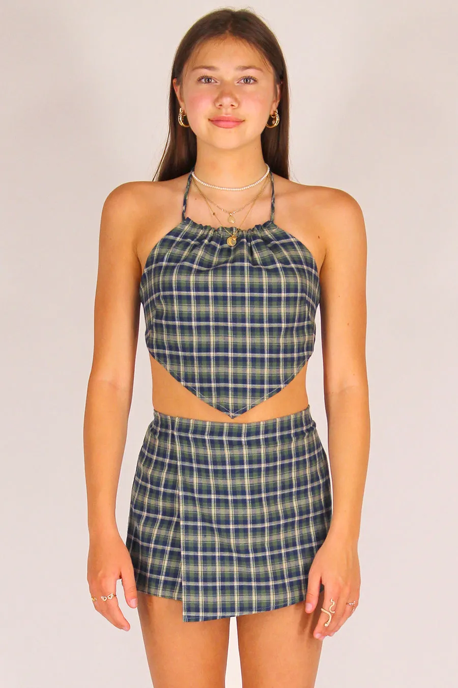 Backless Triangle Top - Green Plaid