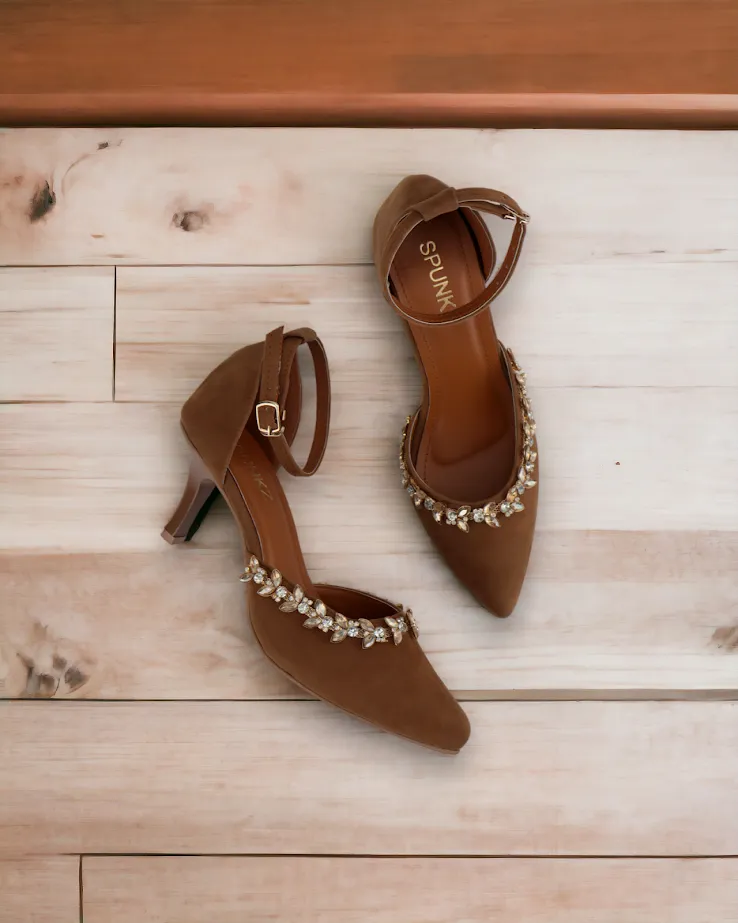 Brown Petal Flowers Studded Ankle Strap leather Heels