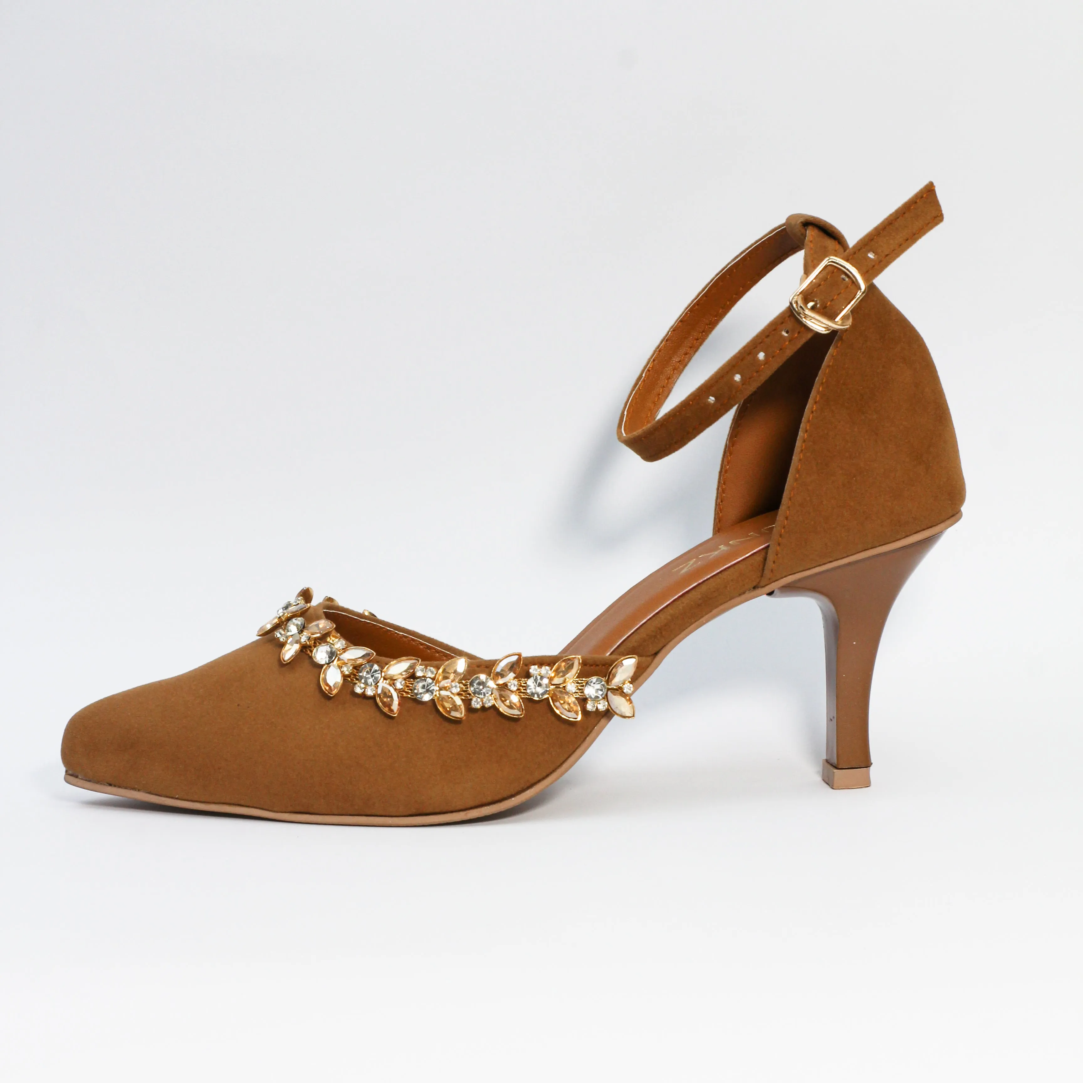 Brown Petal Flowers Studded Ankle Strap leather Heels