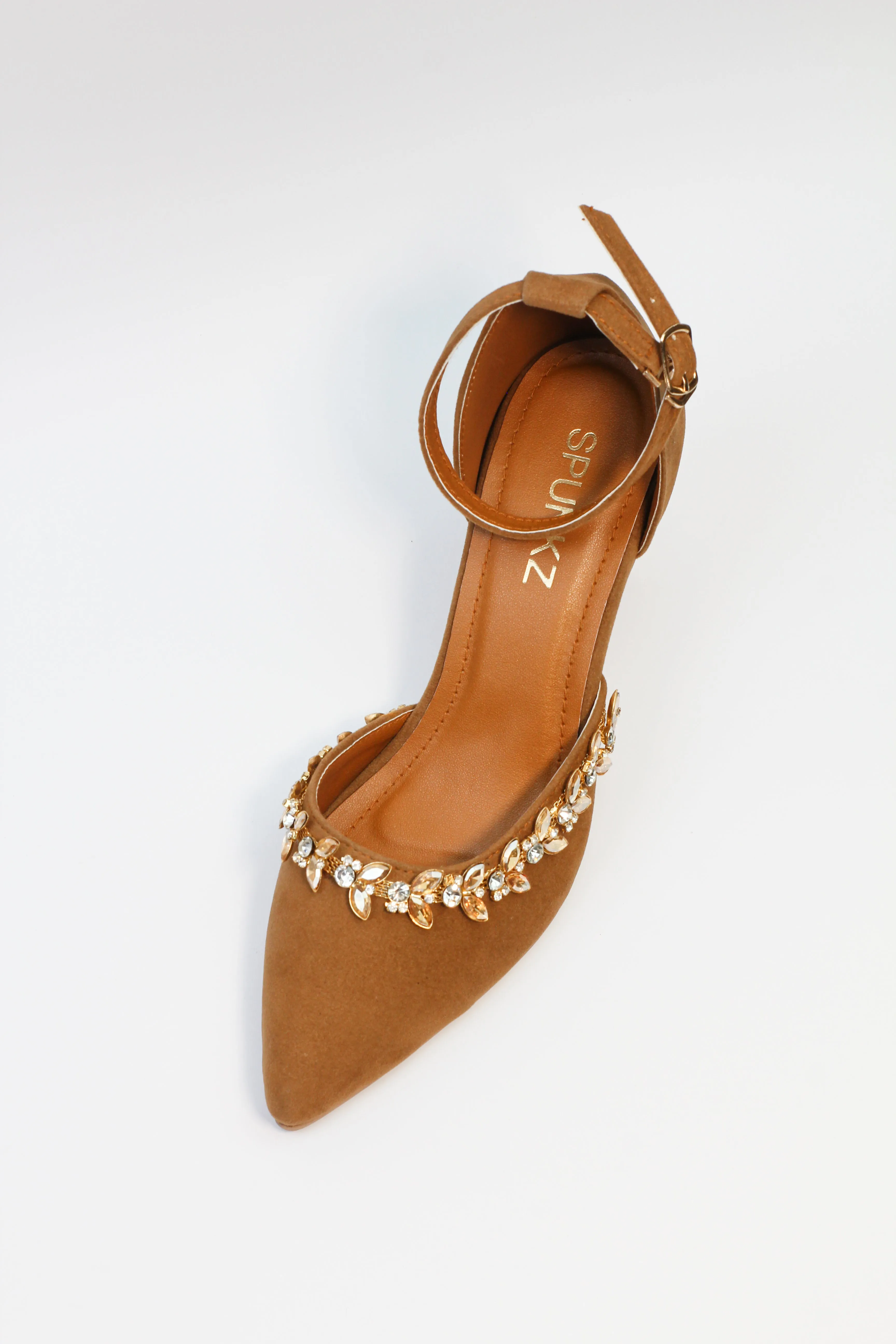 Brown Petal Flowers Studded Ankle Strap leather Heels