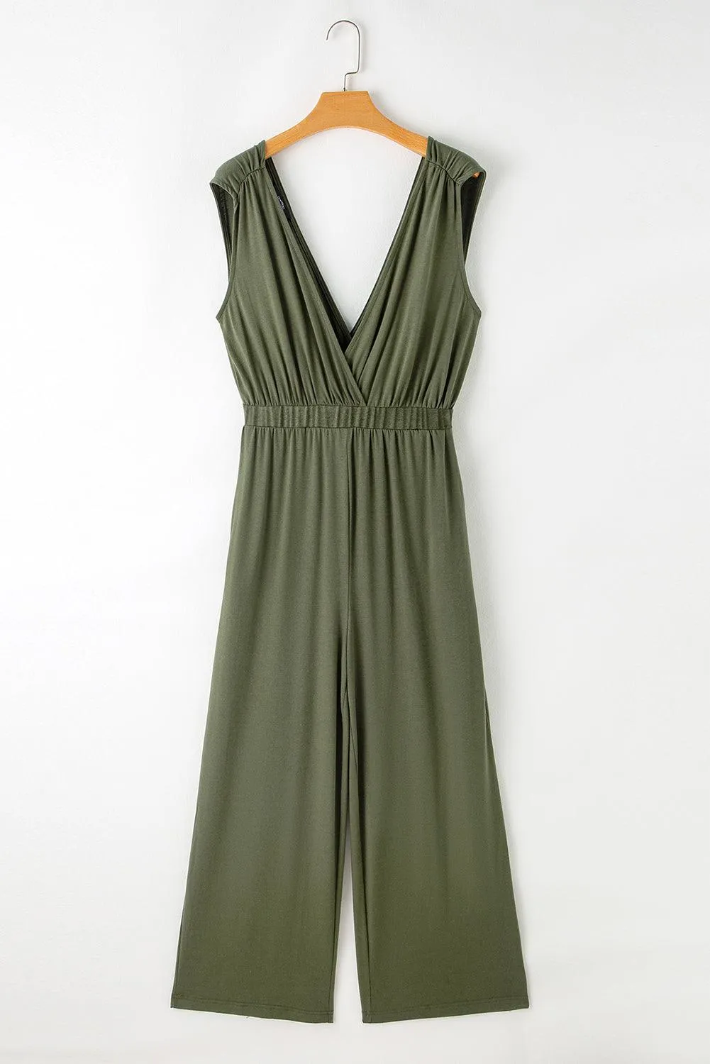 Green Jumpsuit with Plunging Neck and Spaghetti Sleeve Wide Leg Pants