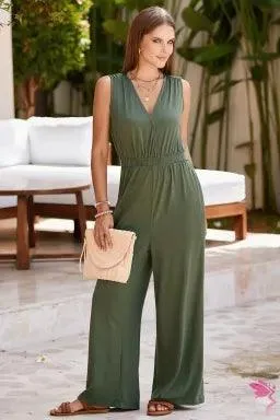 Green Jumpsuit with Plunging Neck and Spaghetti Sleeve Wide Leg Pants