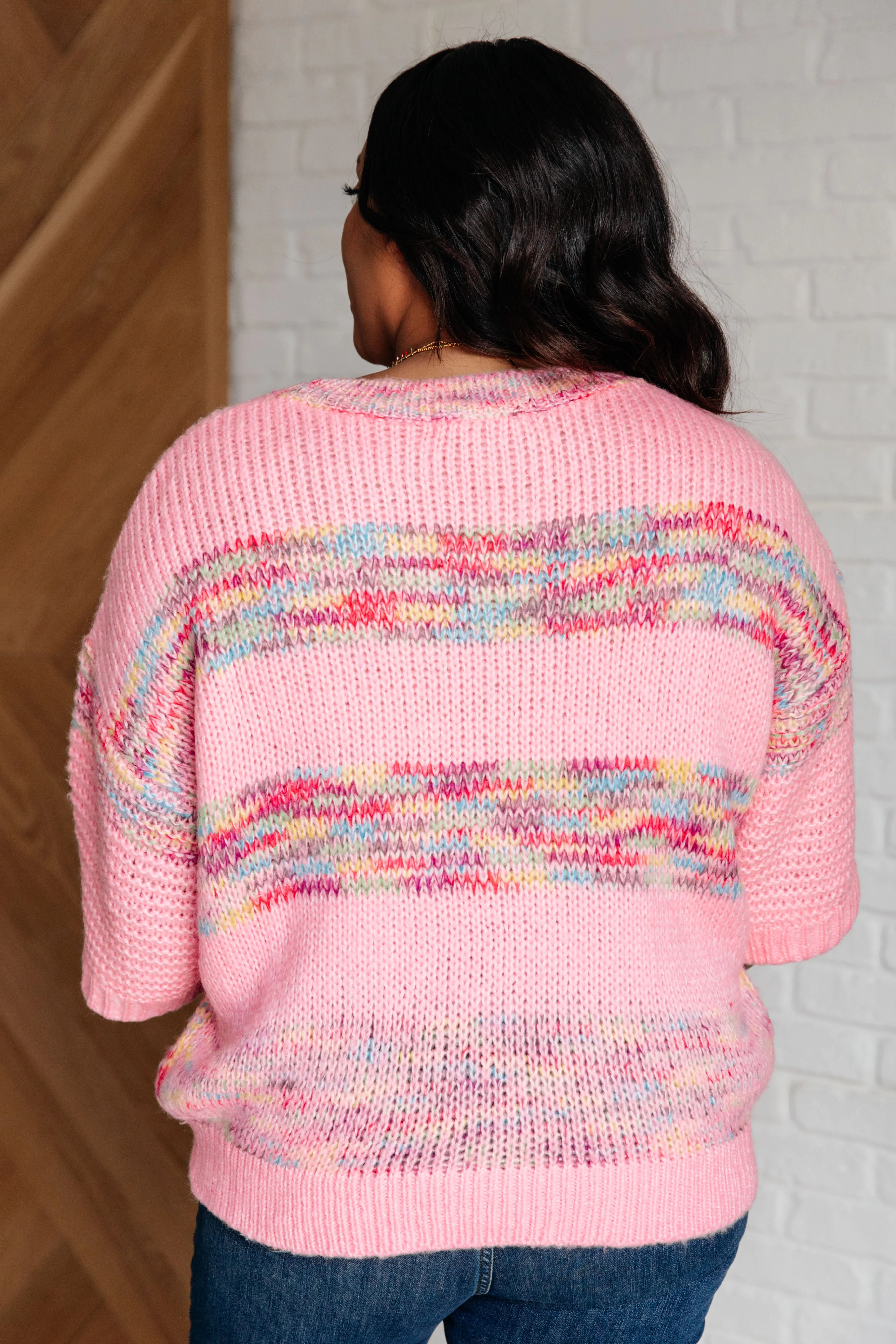 In the Cards Striped Sweater in Pink with 3/4 Sleeves