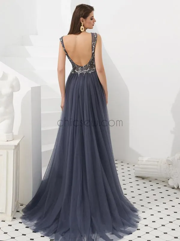 Luxury Beaded A-line Sleeveless Tulle Backless Prom Dress, YKX029