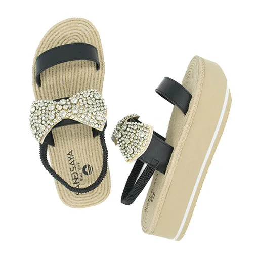 Madison- Waterproof Espadrille Platform Wedge Sandals - Crystal Stones Bow