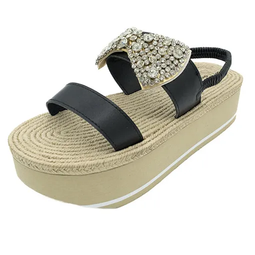 Madison- Waterproof Espadrille Platform Wedge Sandals - Crystal Stones Bow