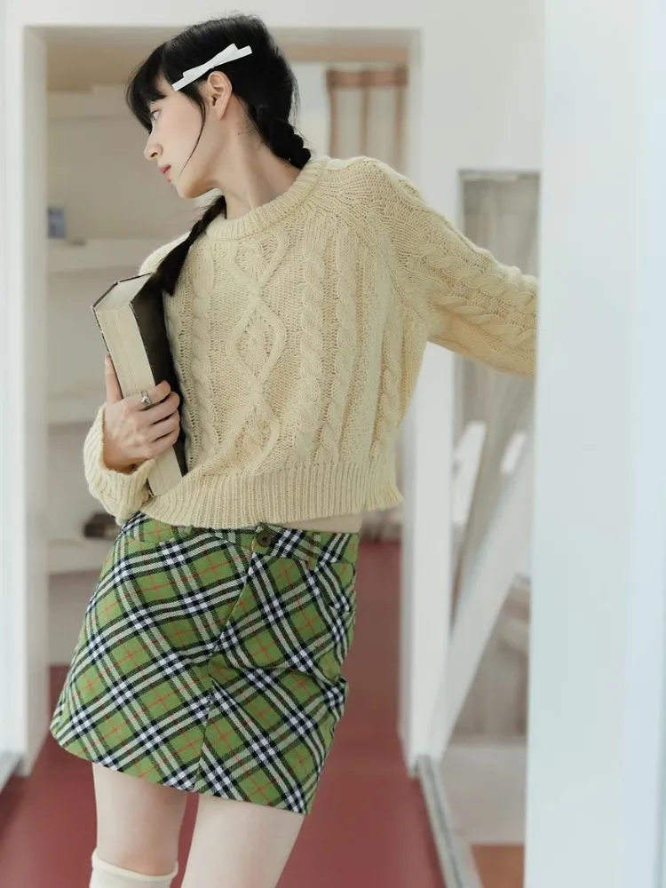 Matcha green plaid wool skirt【s0000003903】