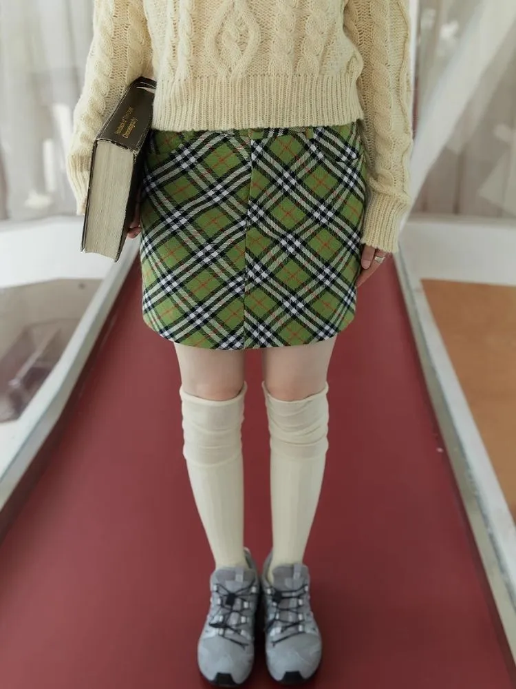 Matcha green plaid wool skirt【s0000003903】