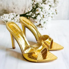 Metallic Reptile Stiletto Mule Sandals-Gold