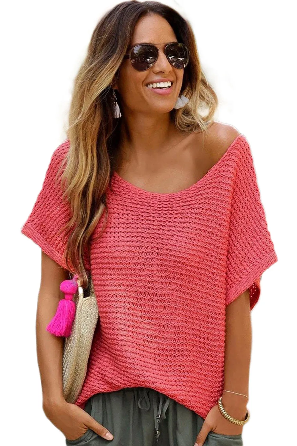 Red Clay Plain Knit Loose Batwing Sleeve Blouse