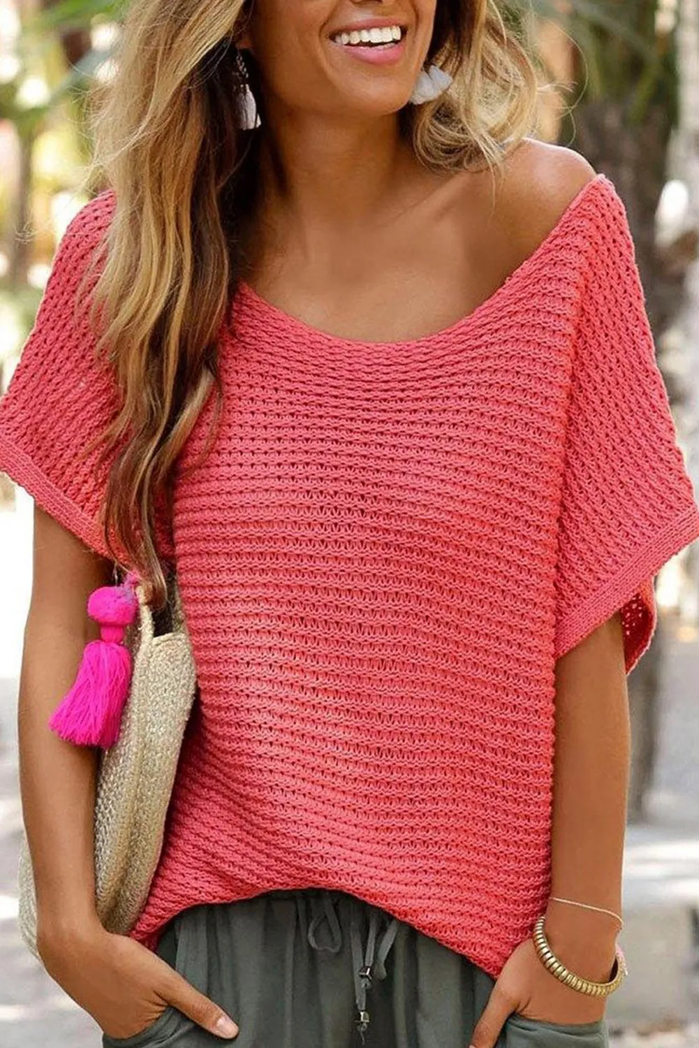 Red Clay Plain Knit Loose Batwing Sleeve Blouse