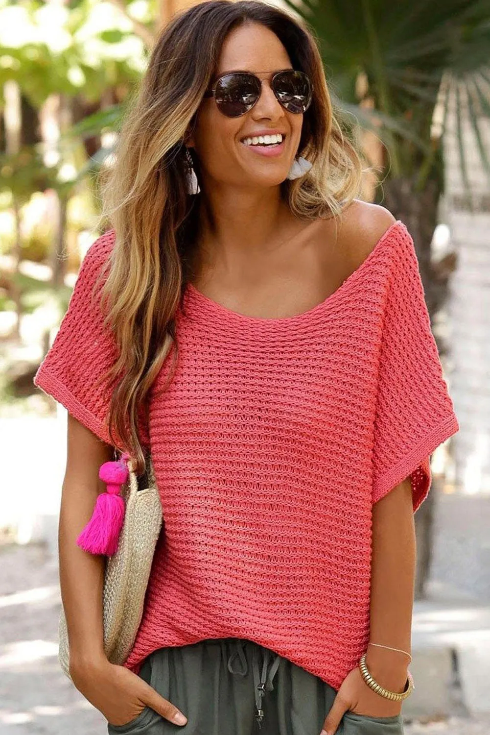 Red Clay Plain Knit Loose Batwing Sleeve Blouse