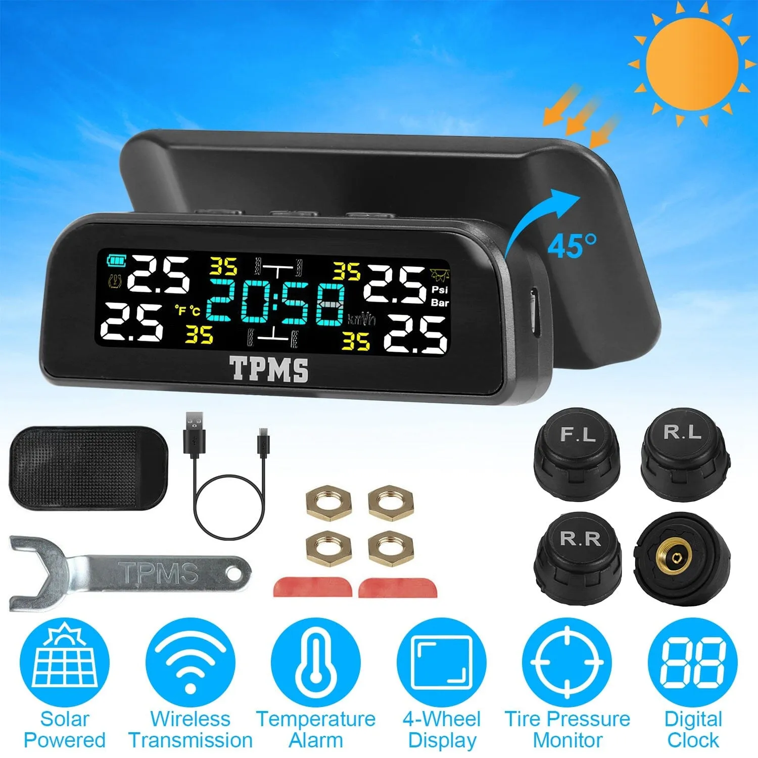 Wireless Solar Car Tire Pressure Monitoring System Auto Tire Pressure with Sensors Temperature Alarm