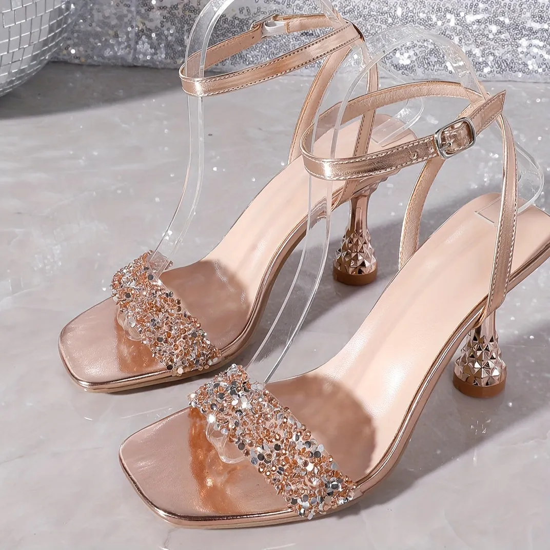 Women’s Rhinestone High Heel | Glamorous Square Toe & Ankle Strap